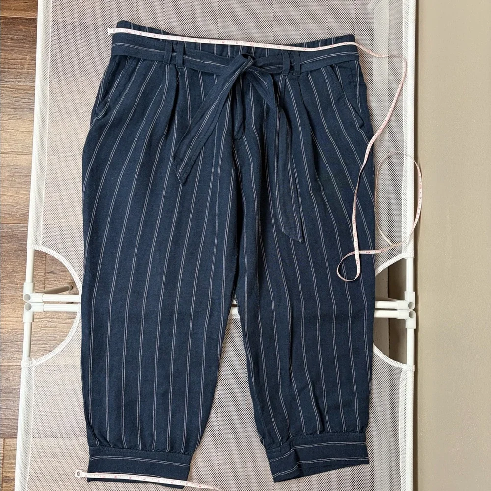 Banana Republic Avery Linen Cotton Striped Pants Navy Blue Tie Waist Crop 12 EUC